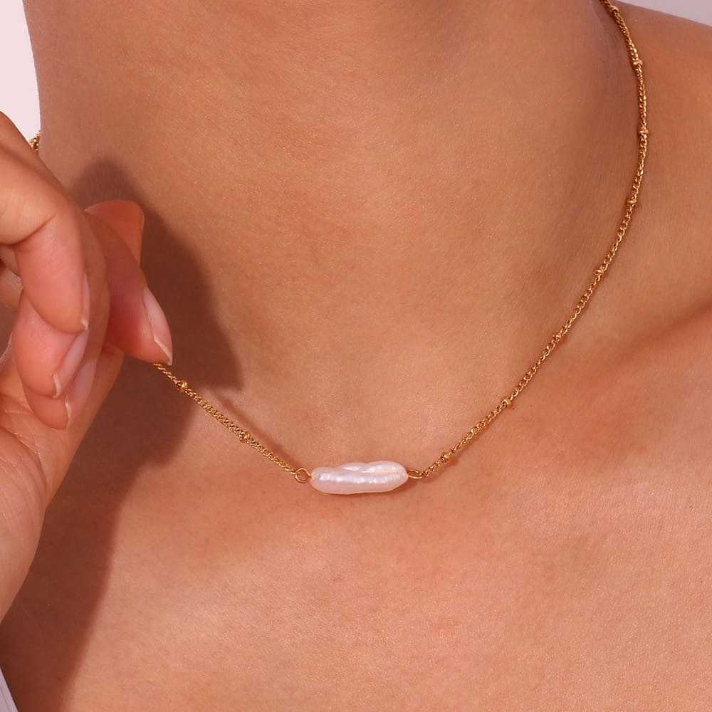 18K Gold Plated Baroque Pearl Necklace*Satellite Bubble Ball Chain Dainty*MJ - Picture 1 of 4